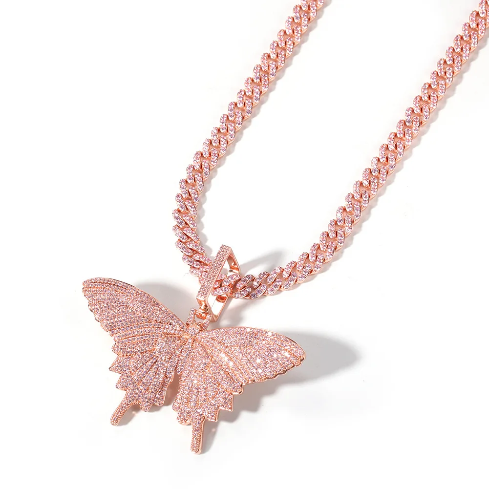 

Pink Color Animal butterfly Pendant Necklace Charm Tennis Chain & Cuban chain Gold Color Cubic Zircon Men's Hip hop Rock Jewelry
