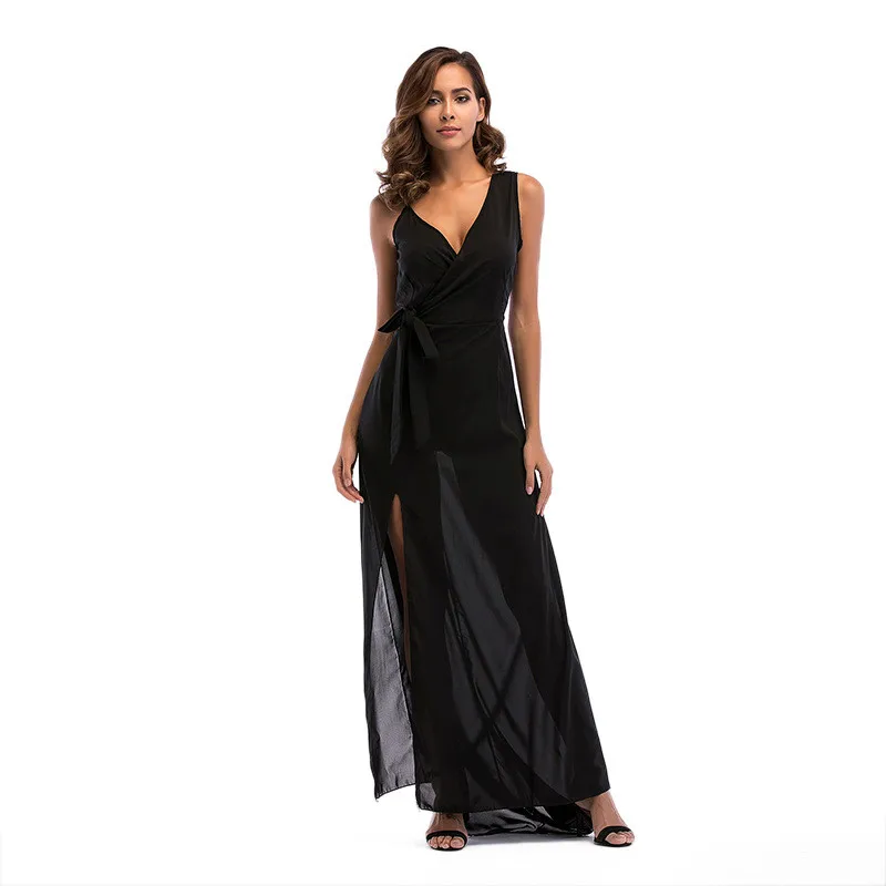 

European and American long solid color V-neck lace splicing single shoulder slant shoulder sling dress women