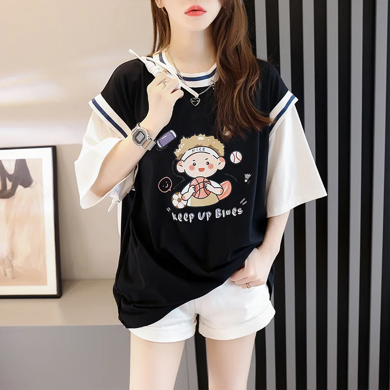 

Street Wear Short-Sleeved T-shirt Summer 2021 Sports Boy Printed Short Sleeved Tshirt Tee Fake Two-Piece Loose Top