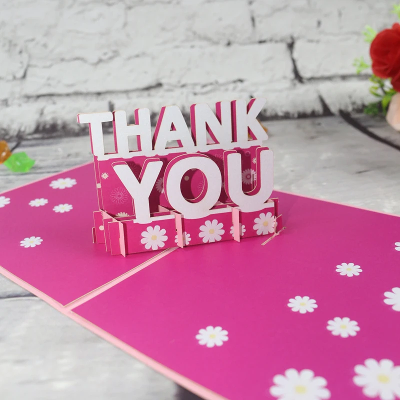 

3D Handmade Pink English Thank You Paper Greeting Cards PostCard Thanksgiving Mother's Day Father's Day Teacher's Day Gift