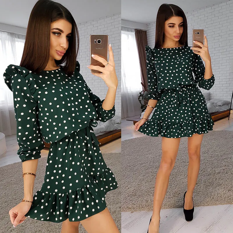 

Sweet Cute Ruffle Floral/dot Print Dress Women Fashion Sashes 3/4 Sleeves o Neck Casual Autumn Dress Girls a Line Mini Dresses