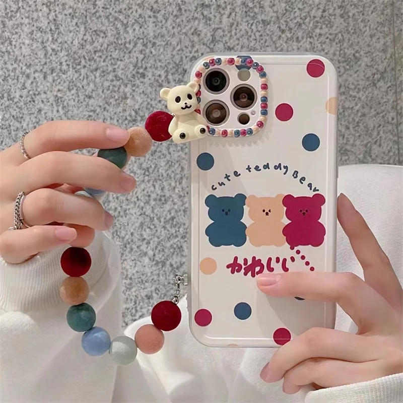 

Cute Cartoon Contrast Color Round Dot Bear Phone Cases For iphone 13 12 Pro 11 XS Max XR 7 Plus 8 X Back Cover With Bracelet