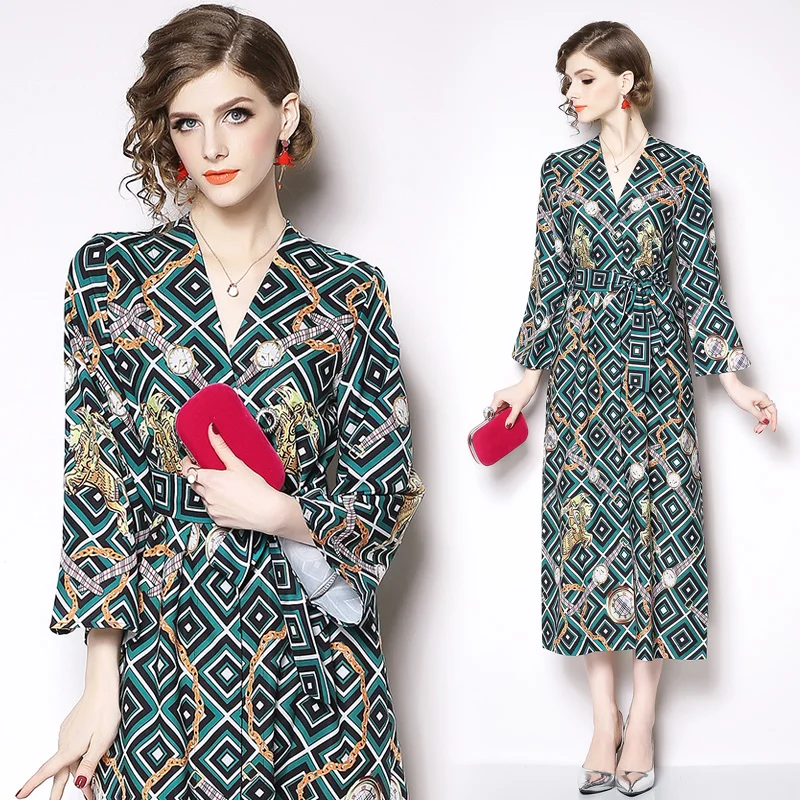 

Early Autumn Office Lady Vintage Dresses Famous High-End Boutique Retro Printed Loose Long Dress Turn-down Collar Sashes Dresses