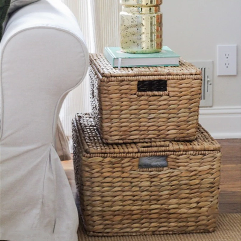 Корзина для хранения с крышкой из натуральной травы ручной работы|Коробки и