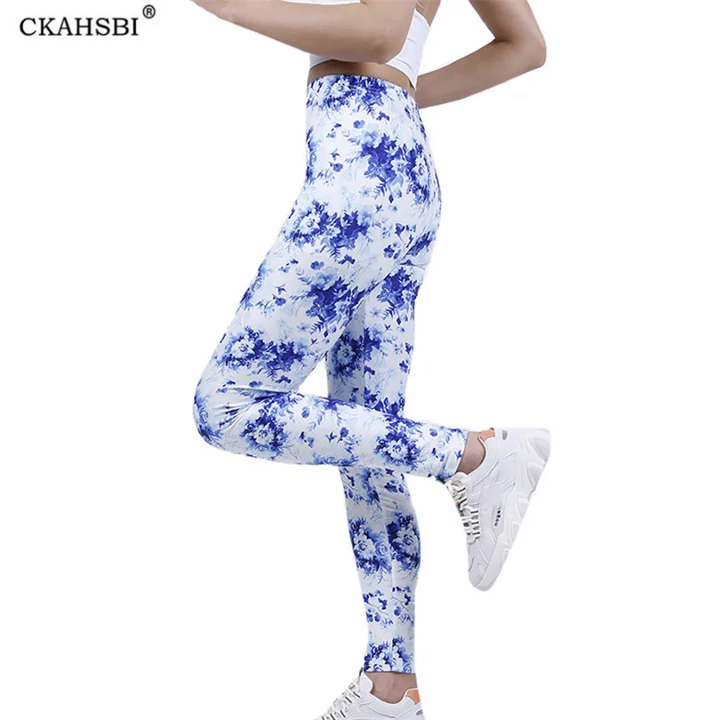 

CKAHSBI High Waist Gym Workout Leggings White Blue Floral Fitness Running Sports Ankle-Length New Pants Drop Shipping Wholesale