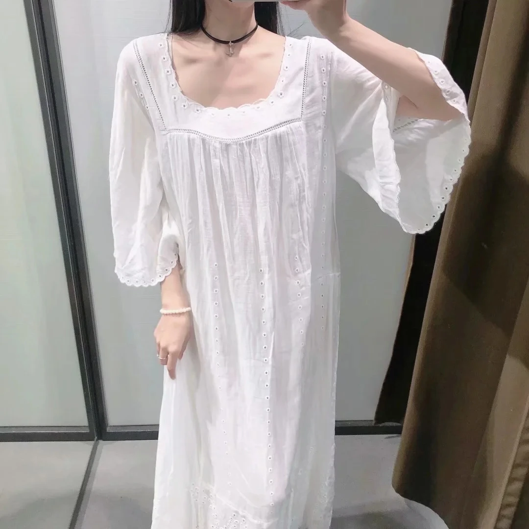 

KRSB Summer Women's White Long Dress With Square Collar And Mid-Length Flared Sleeves Design A-Line Loose Casual Lazy Style