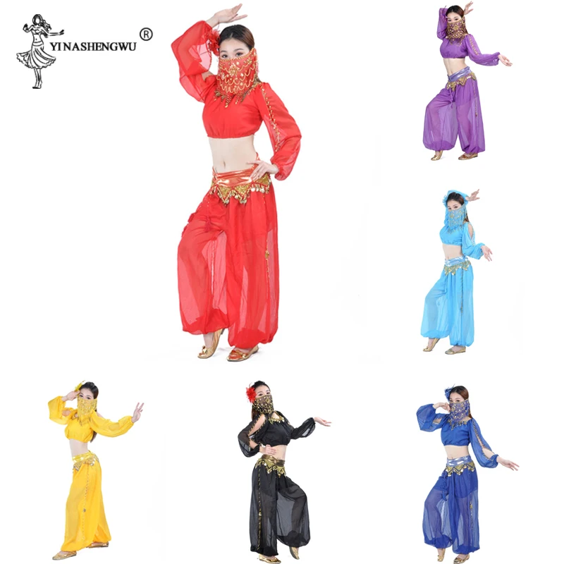 

Bollywood Belly Dance Costume Set Indian Sari Bellydance Pants Suit Women Sexy Chiffon Veil Bellydance Performance Bloom Suit