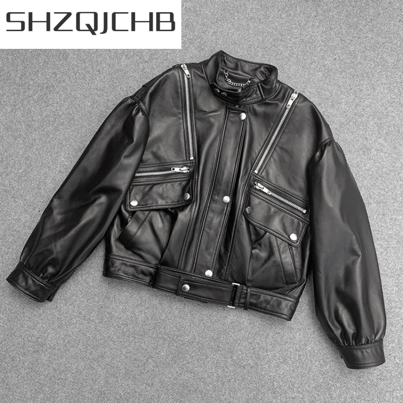 

JCHB 2021 Autumn New Women Zippers Short Sheepskin Genuine Leather Jacket Casual Punk Loose Fit Bomber Jacket BF Style Biker Co