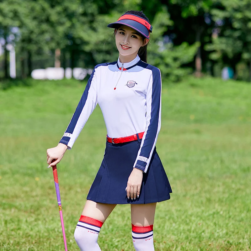 Gift Socks!MG Golf Women Apparel Suit Sports White Long Sleeve Polo Shirt Slim Fit Lady Navy Blue Pleated Short Skirt XS~XL