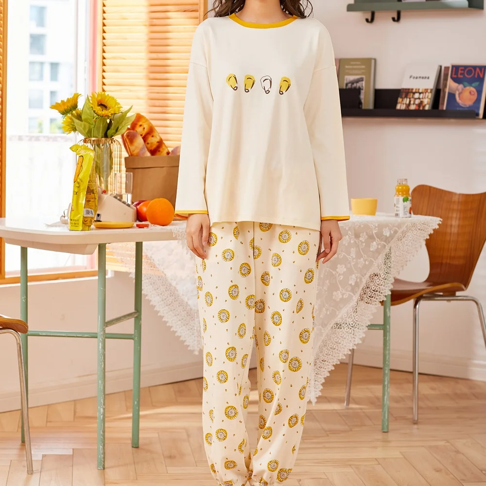 

Женская хлопковая Удобная пижама с длинным рукавом, свободная одежда для сна и Домашняя одежда, топы и брюки, выглядит как Милая Пижама с кру...