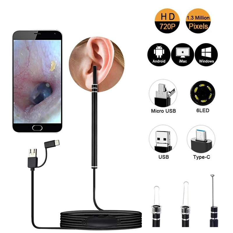 

Ear Otoscope Megapixels Ear Scope Inspection Camera 3 in 1 USB Ear Digital Endoscope Earwax Cleaner Tool with 6led
