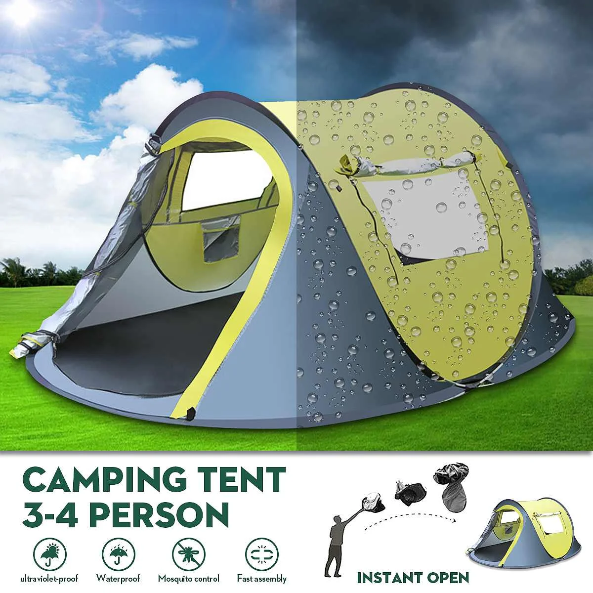 

2-4 People Fully Automatic Camping Tent Windproof Waterproof Automatic Pop-up Tent Family Outdoor Instant Setup Tent 4 Season