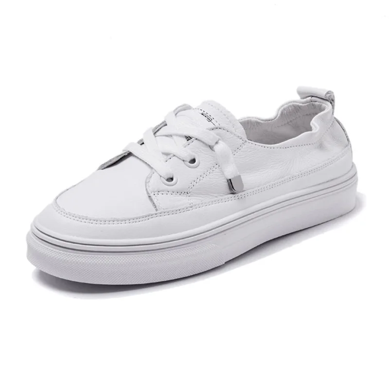 

2020 Genuine Leather Shoes Women Flats Casual Woman White Sneakers Cow Leather Female Footwear Soft Comfortable YX1535