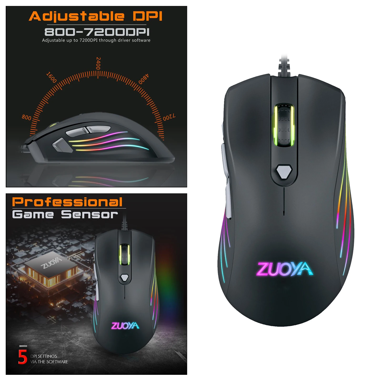Игровая мышь (оптический сенсор (от 800 до 7200 DPI) RGB-подсветка 7 программируемых