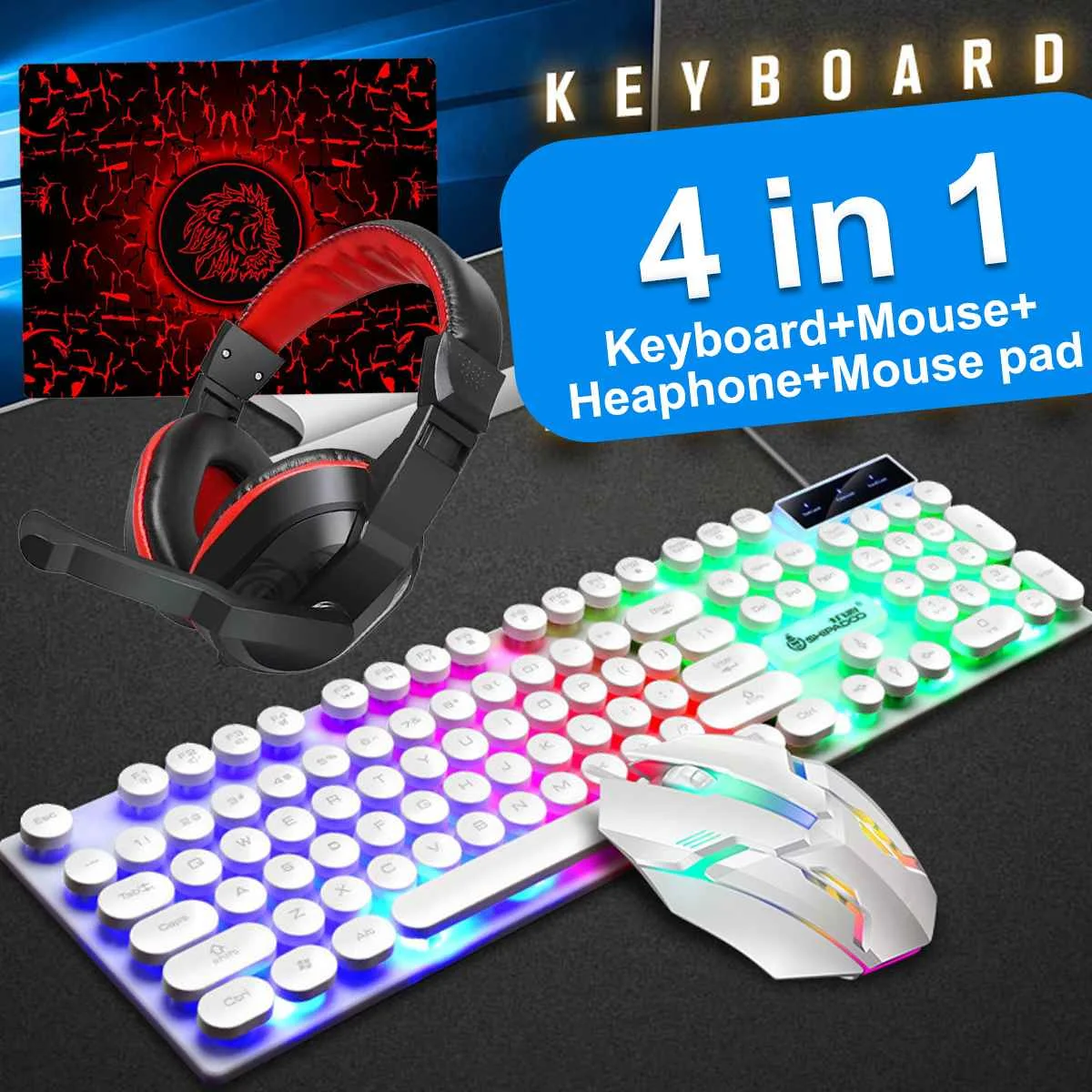 

4 in 1 Waterproof Gaming Keyboard set 104 Keys RGB Rainbow Backlit Gaming Keyboard Mouse Headset Mouse Pad For PC Laptop