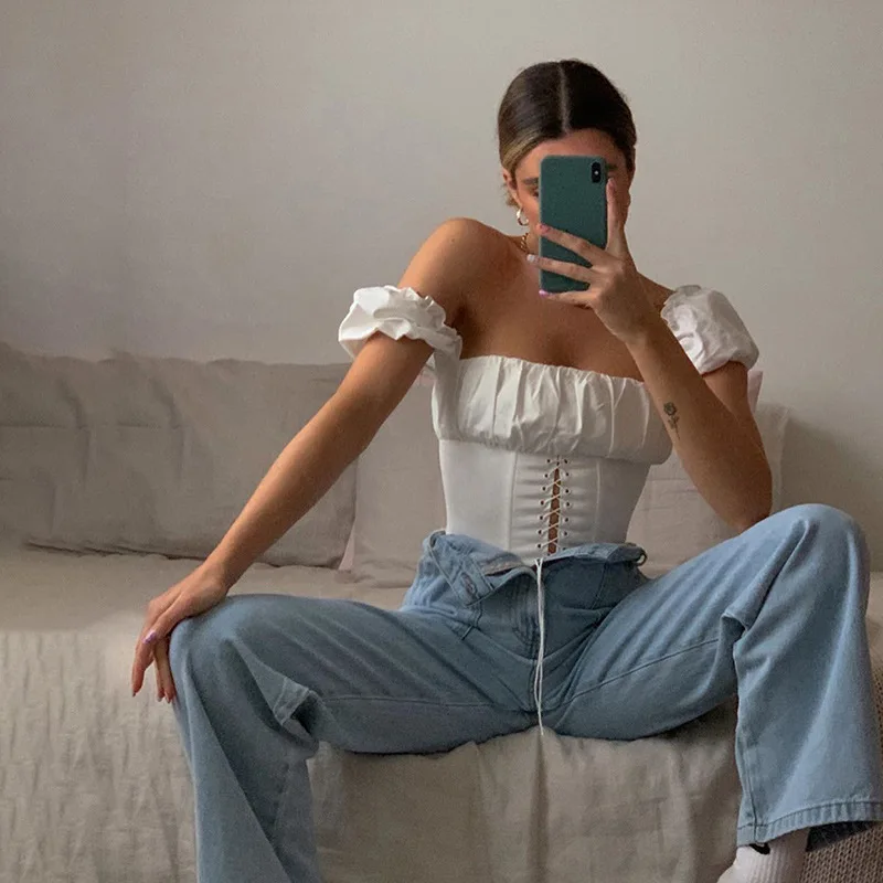 

Fashion Street Retro Style Women White Square Collar Princess Sleeve Stitching Bandage Folds Slim T-Shirt Top