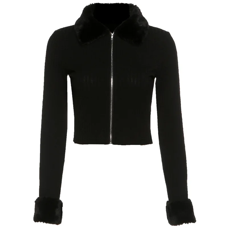 

Fashion Personality Short Women's Knitted Sweater Cardigan Sexy V-neck Zipper Faux Fur Long-sleeved Coat Jacket Women's Clothing
