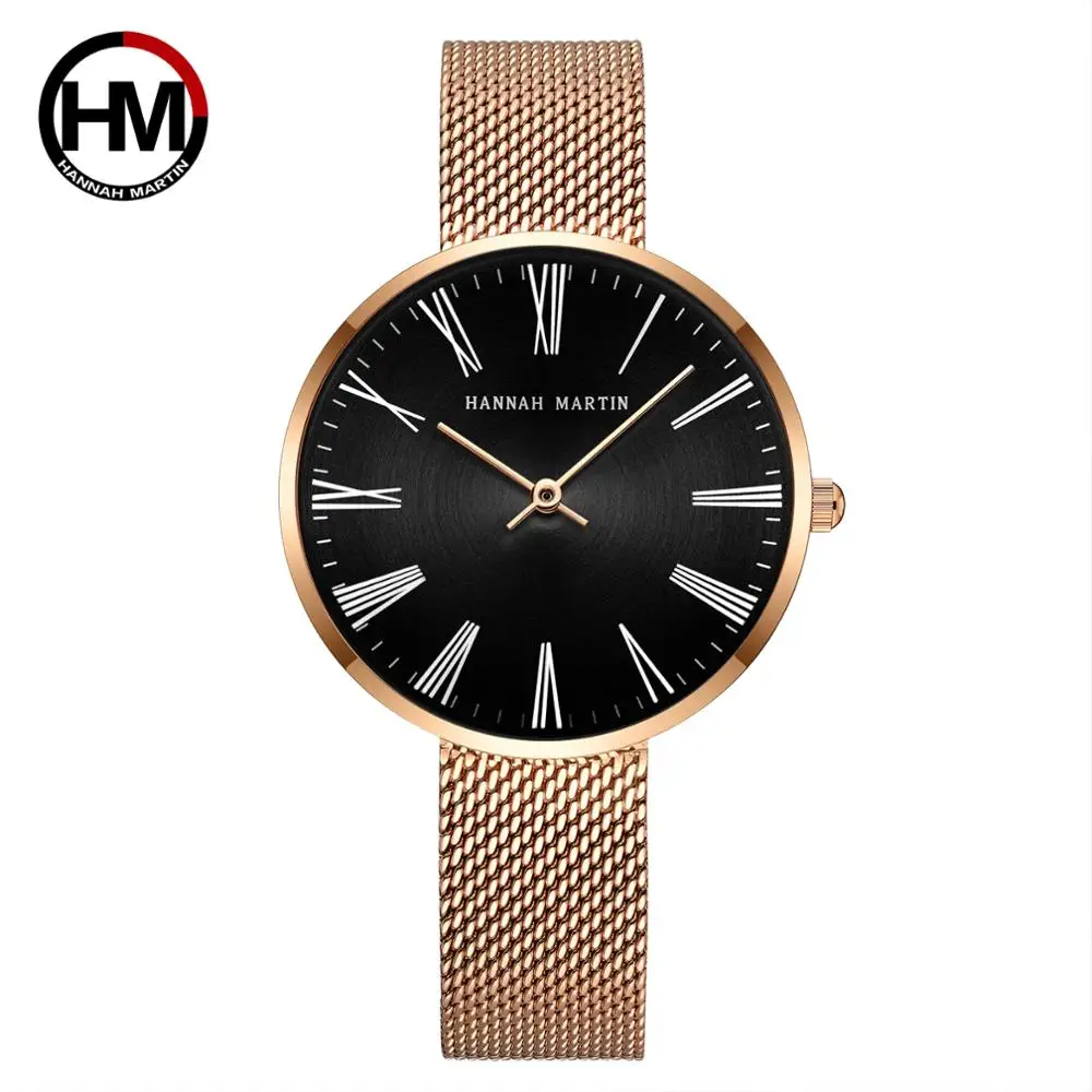 

Japanese Brand Quartz Watch Movement Ladies Wristwatches HM Black Fashion Watches Rose Gold Bracelet Relogio Feminino 2021 New