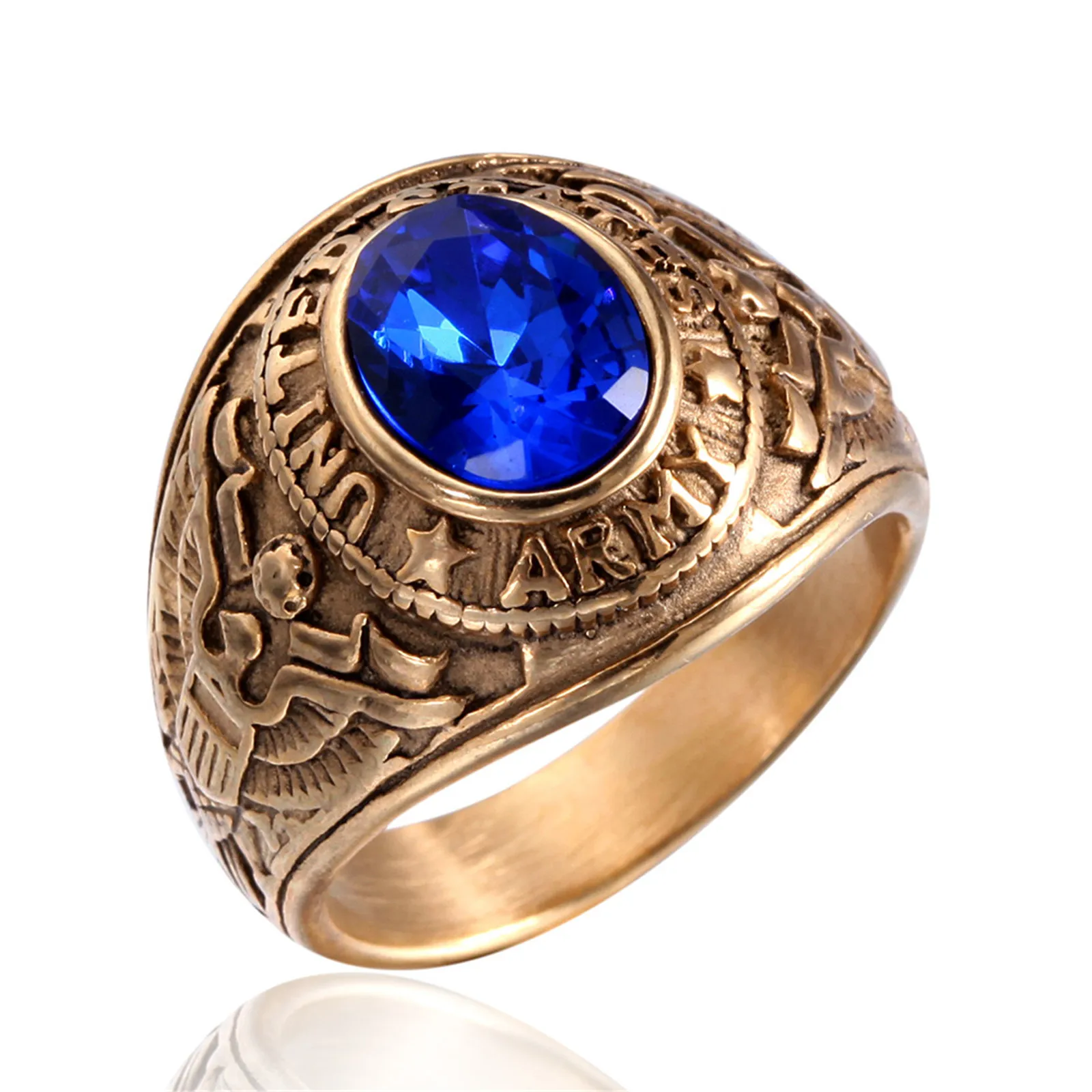 

US Army Ring Golden United States American Stainless Steel Metal Military Jewelry with Blue Zircon Stone Punk Classic Style