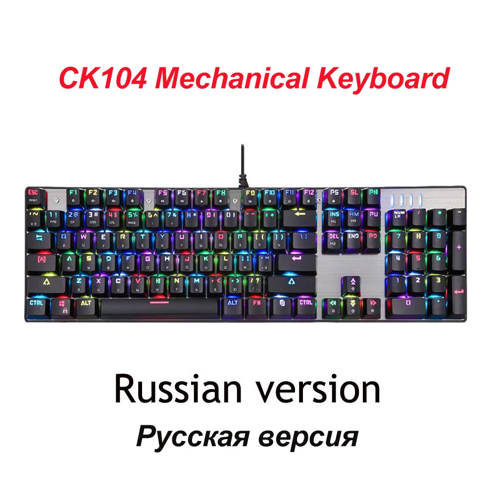 CK104 Russian Black Игровая клавиатура MOTOSPEED CK104, русская/англий/ английская механическая клавиатура, синий/красный переключатель, металлический ключ, светодиодный RGB/клавиатура с подсветкой для геймера - Цвет: CK104 Russian Black