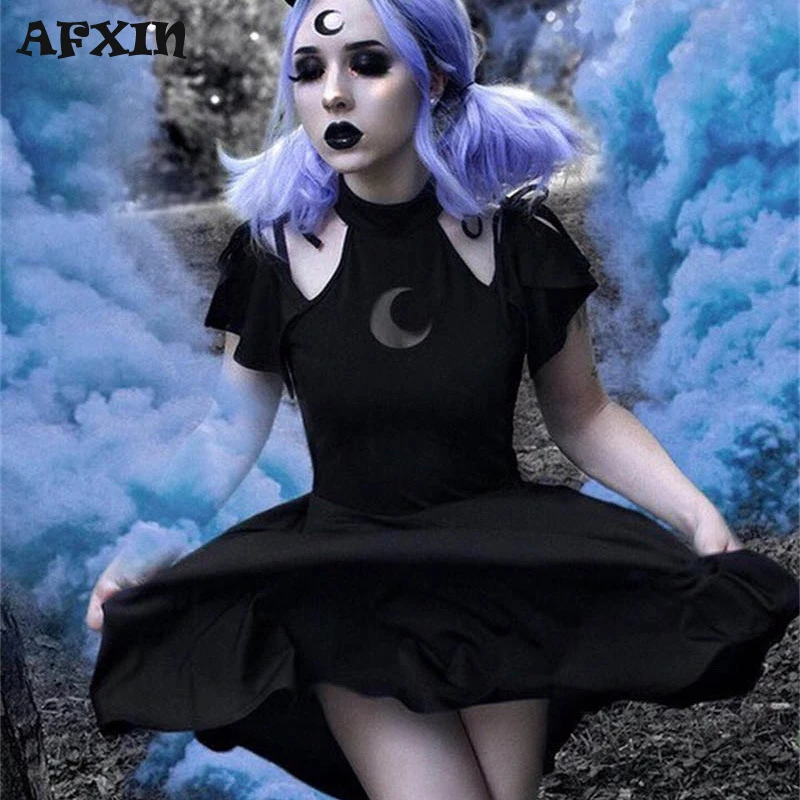 

Women Sexy Crescent Moon Short Sleeve Princess Dress Cold Shoulder Cut Hollow Out Lace Up Vestidos Gothic Fashion Outfits