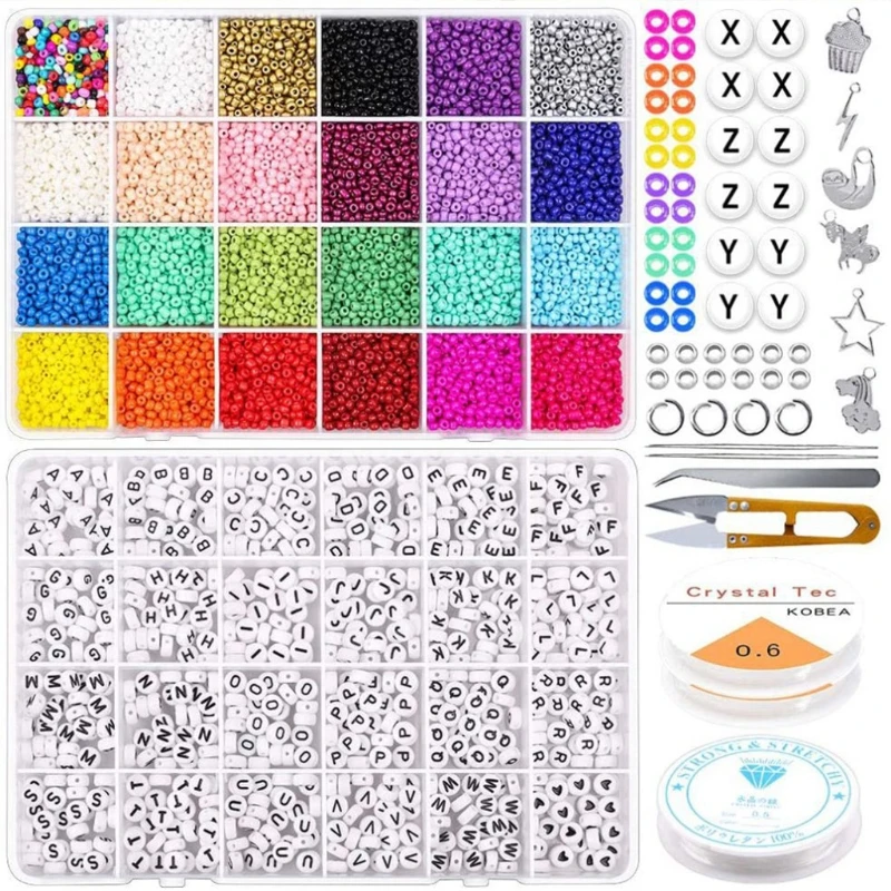 

DIY Jewelry Making Kit for Bracelets 14400pcs 3mm Glass Seed Beads and Alphabet Letter Beads with Charms String Necklace