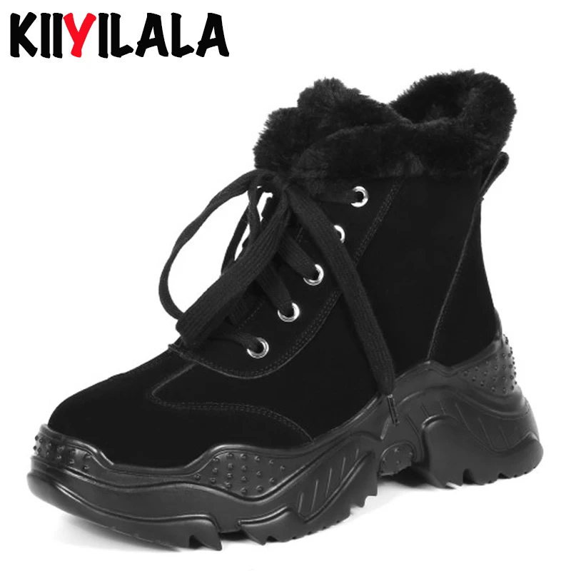 

Kiiyilala Zipper Genuine Leather Winter Snow Boots Women Shoes Cross-tied Platform Womens Boots Warm Plush Ankle Boots For Women