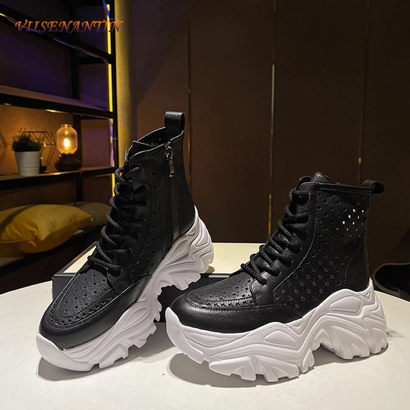 

Spring and Summer New Hollow Thick-soled Lace-up Short Boots Breathable Casual Sports Increase Trend Daddy Shoes Women