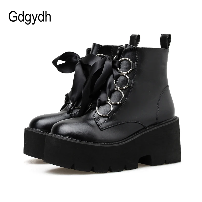 Gdgydh Autumn New Women Ankle Boots Round Toe Lace-up Platform Short Boots Female PU Soft Leather Black Boots Drop Shipping