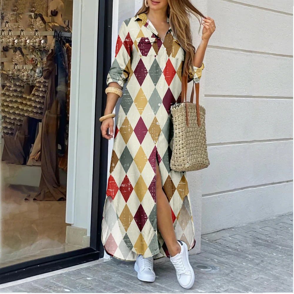 

Cross-border women's lapel shirt dress retro pattern printing fashion series