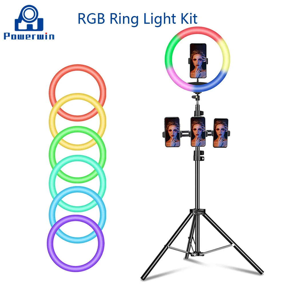 

Powerwin 20 см 26 см 33 см светодиодный RGB многоцветный кольцевой светильник, держатель для телефона, 2 м светильник, подставка для фотостудии, лампа...
