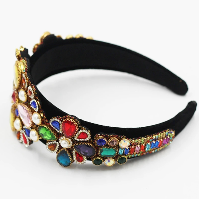 

Baroque Ethnic Luxury Headband Colorful Crystal Pearl Flower Jewelry Hair Hoop J78E