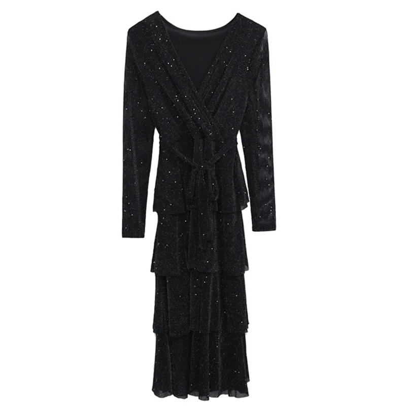 

XL-9XL Large size Women Autumn Dress Casual Plus Size Dress 7XL 8XL V Neck Lady Layered Elegant Shiny Party Dress 9XL Vestidos