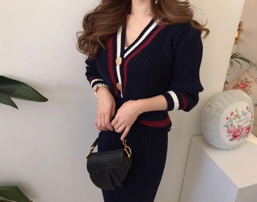 

Elegant Suit Sexy V-Neck Single-Breasted Stripe Knitted Sweater Coat + High Waist Bodycon Skirt 2 Piece Set
