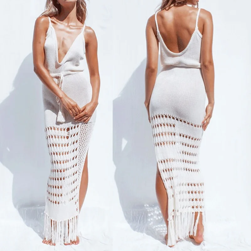 

Hot Summer Long White Swimming Knitted Hollow Out Design, See Through Mesh, Bikini cover ups, Crochet Tasse Swim Wear For Women