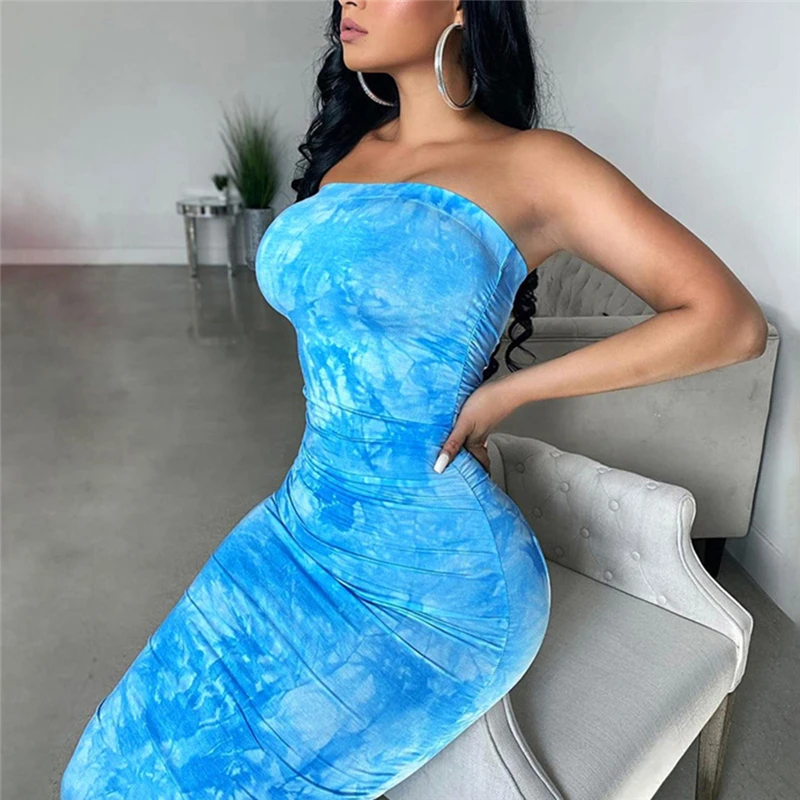

Tie Dye Print Fashion Women Midi Dress Long Sleeve 2020 Bodycon Party Dresses Skinny Ruched Clubwear Slim Basic Dress