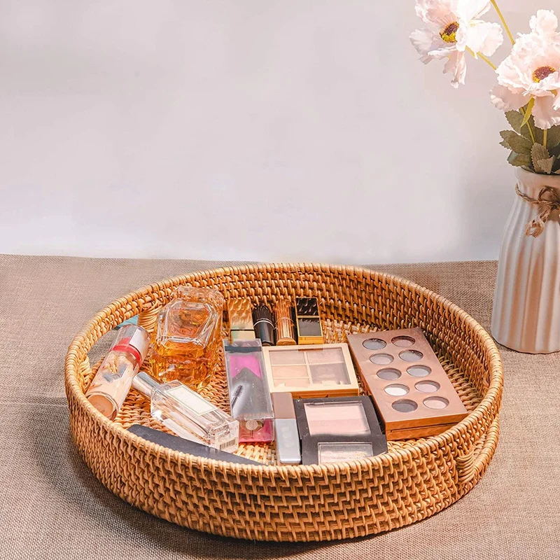 

Rattan Hand Woven Round High Wall Severing Tray Food Storage Platters Plate Over Handles for Breakfast Drinks Snack