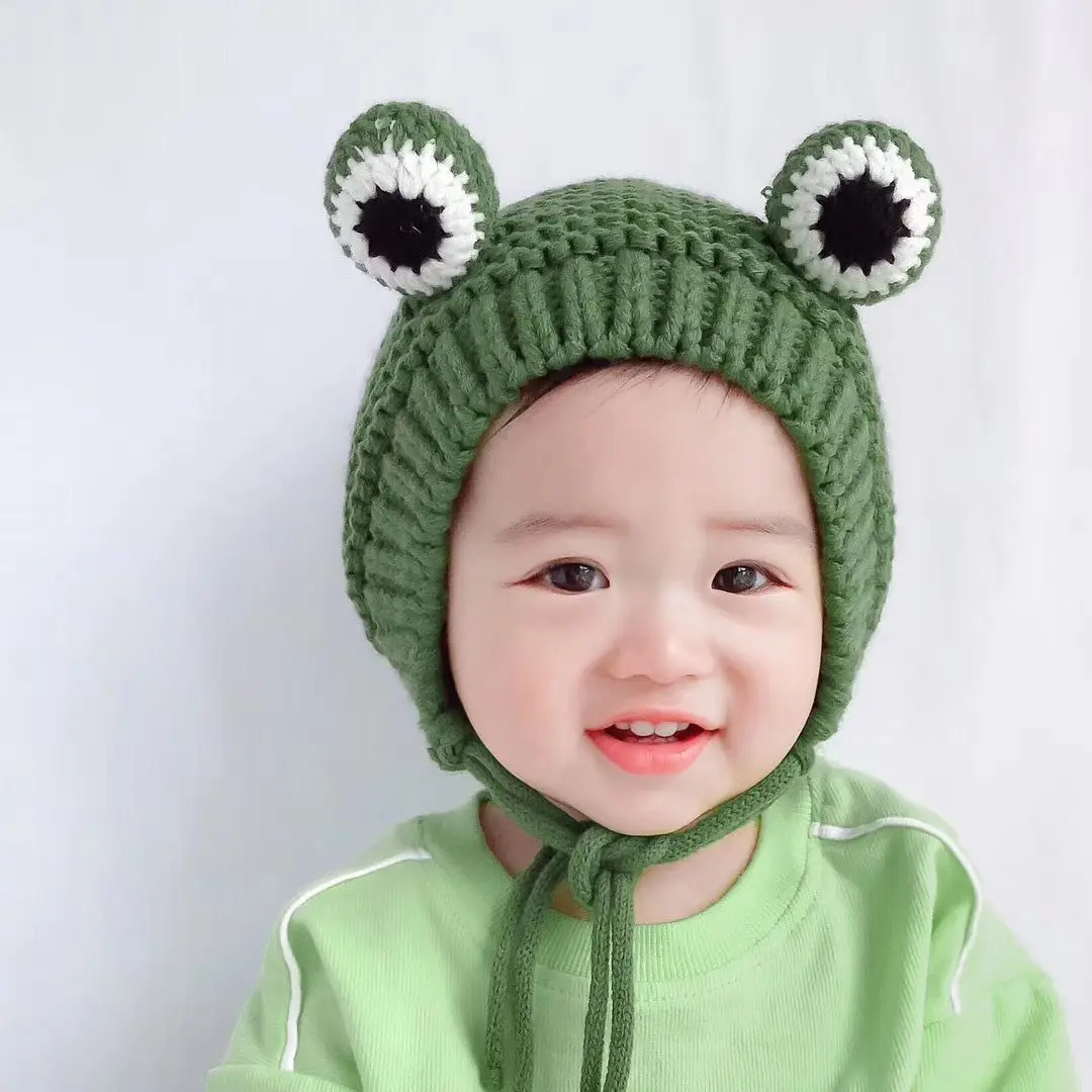 

Baby hat autumn and winter baby frog woolen hat baby cute super cute boy knitting children 1-3 years old