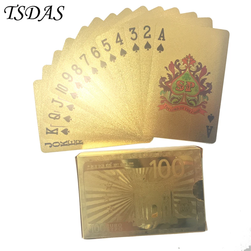 Одна колода Золотая фольга покер евро 100 стиль пластиковые игральные карты