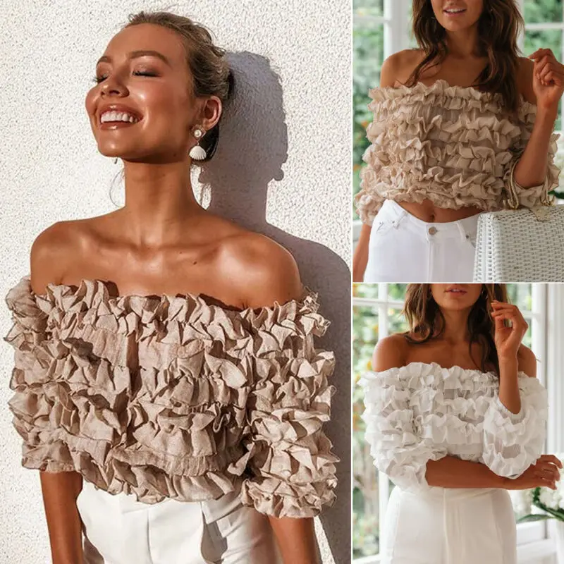 Новая женская прозрачная блузка с открытыми плечами рюшами и пышными длинными