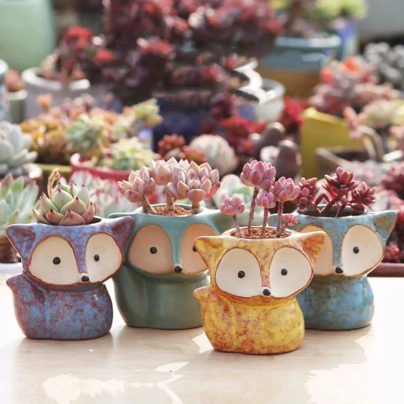 Ceramic Fox Plant Pot Micro Cute Mini Potted Succulents Small Flower Pots Bonsai Cartoon Planter Home Decorative | Дом и сад