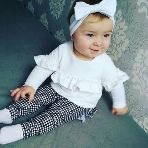 Красивые клетчатые топы с оборками для маленьких девочек и модные штаны леггинсы