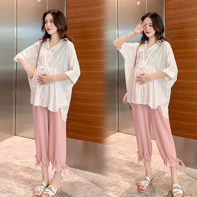 

Maternity summer tops new fashion solid color suit mid-length dress loose V-neck shirt maternity suit