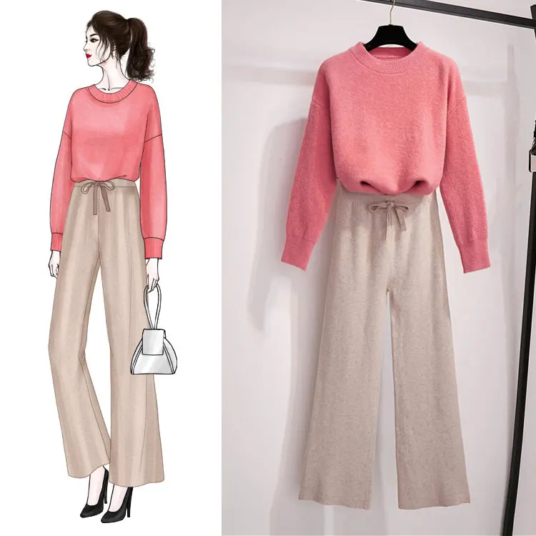 

Women 2 Pcs Clothing Set Knitwear Pullover Knit Top Loose Languid Lazy Style Sweet Pink Sweater Knitting Wide-Legged Pants Suit