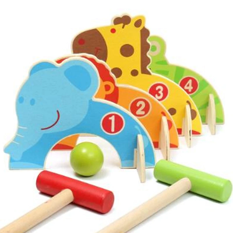 

1Set Funny Outdoor Toys Baby Golf Toy Cartoon Wood Croquet Game Animal Gate Ball Toys Children Family Game