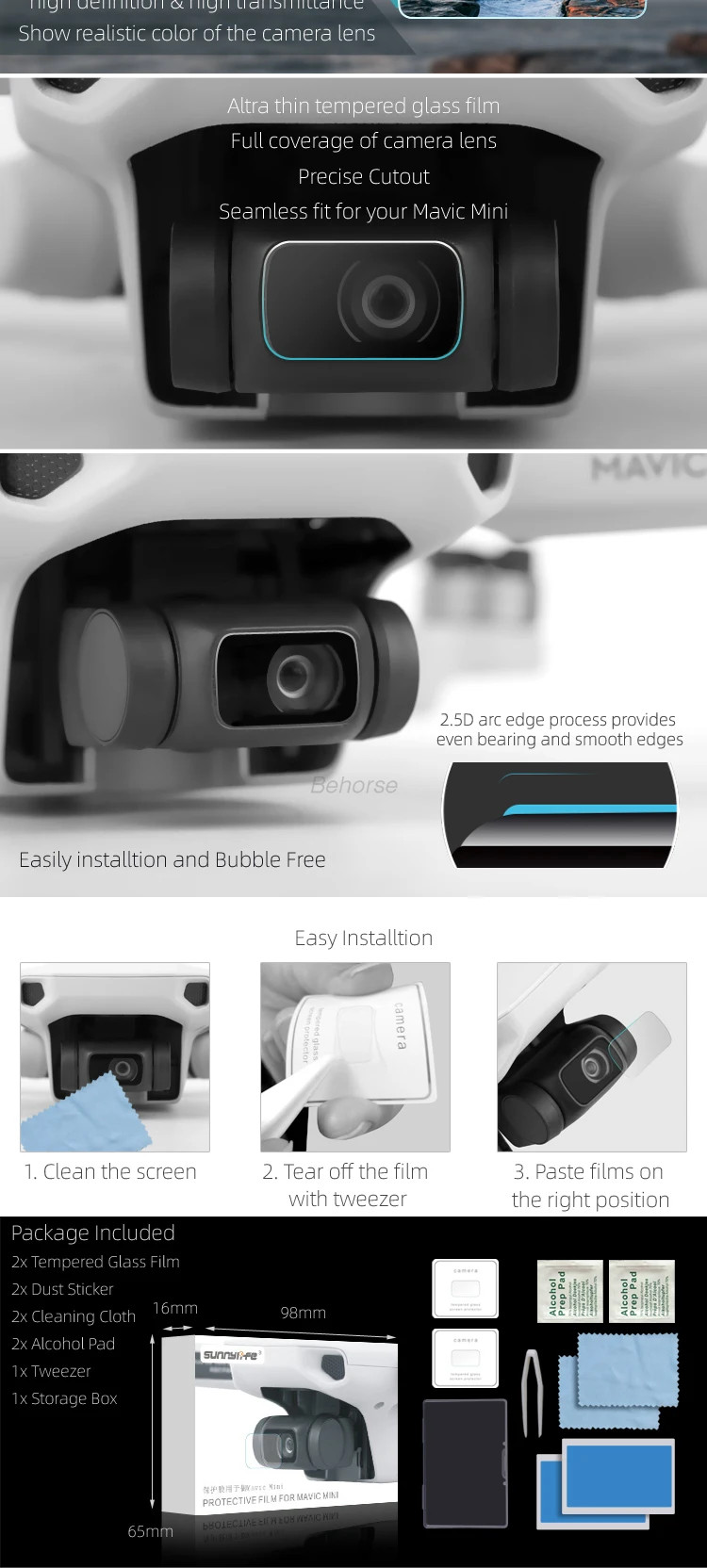 2 шт. в упаковке, защита экрана, совместимая с Mavic Mini, твердость 9 H, защита от царапин, закаленное стекло, пленка для объектива, для DJI Mavic Mini, аксессуары