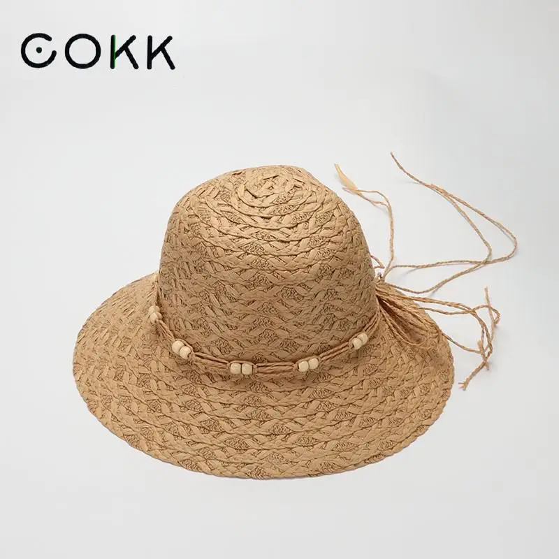 

COKK Sun Hats For Women Summer Sunshade Wide Brim Straw Floppy Beads Chain Panama Cap Travel Beach Gorro Outdoor Holiday