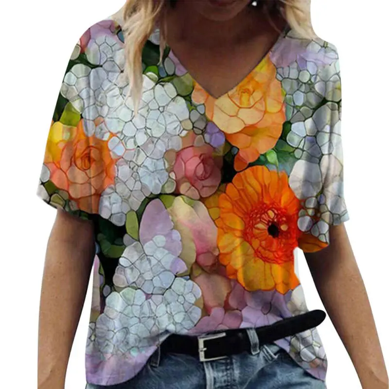 

Floral Print V Neck Short Sleeve Summer Tops Loose T-shirt Women Ladies Top Tees Casual Streetwear Beach tShirts Women