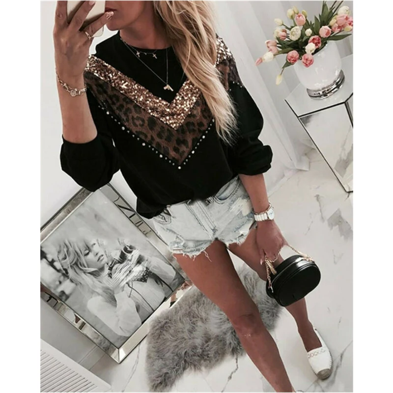 

1pc Autumn Leopard Print long sleeve women Geometric Patchwork turtleneck chiffon clothes for women tee O-neck tops