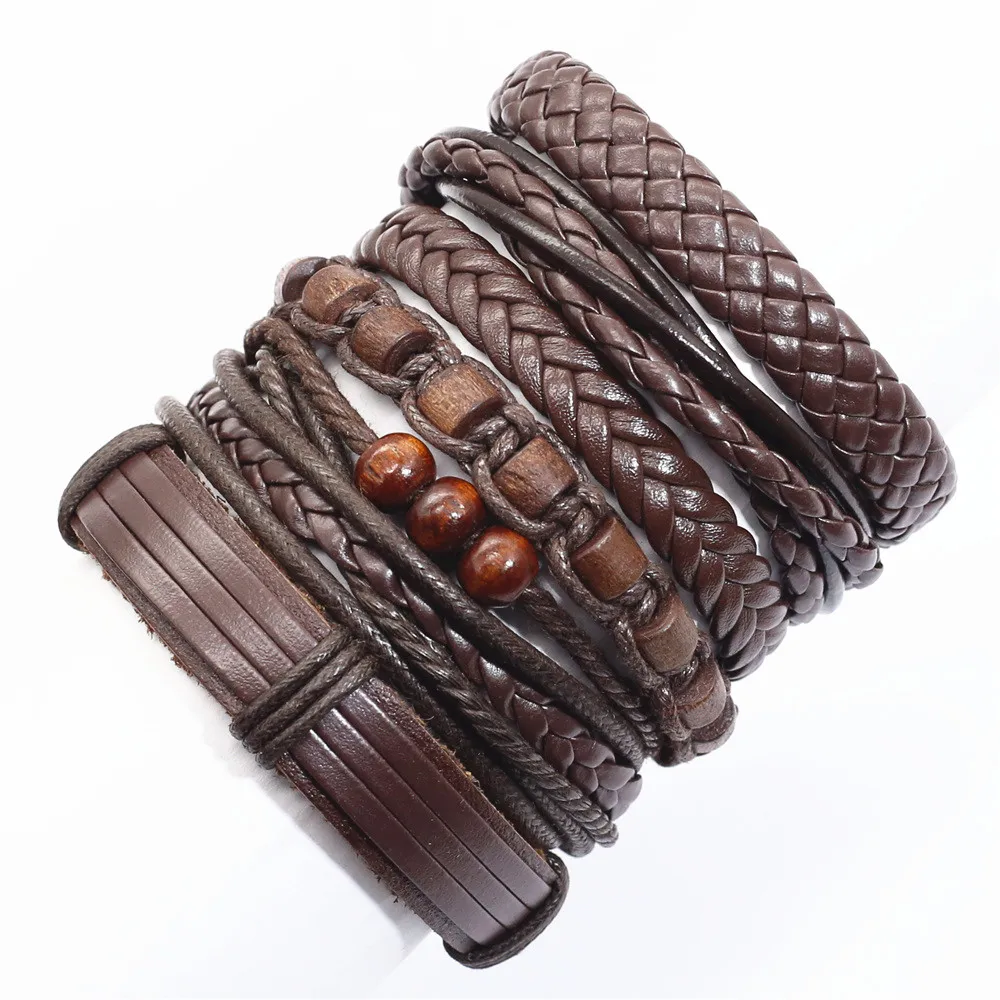 Мужские и женские кожаные браслеты ручной работы плетеные из коричневого дерева